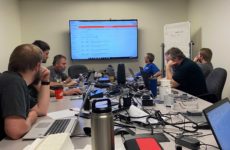 The DMACC cybersecurity response team prepares for a call with the FBI around 9:30 a.m., June 5, to discuss the ransomware attack. 
Photo courtesy Mark Clark